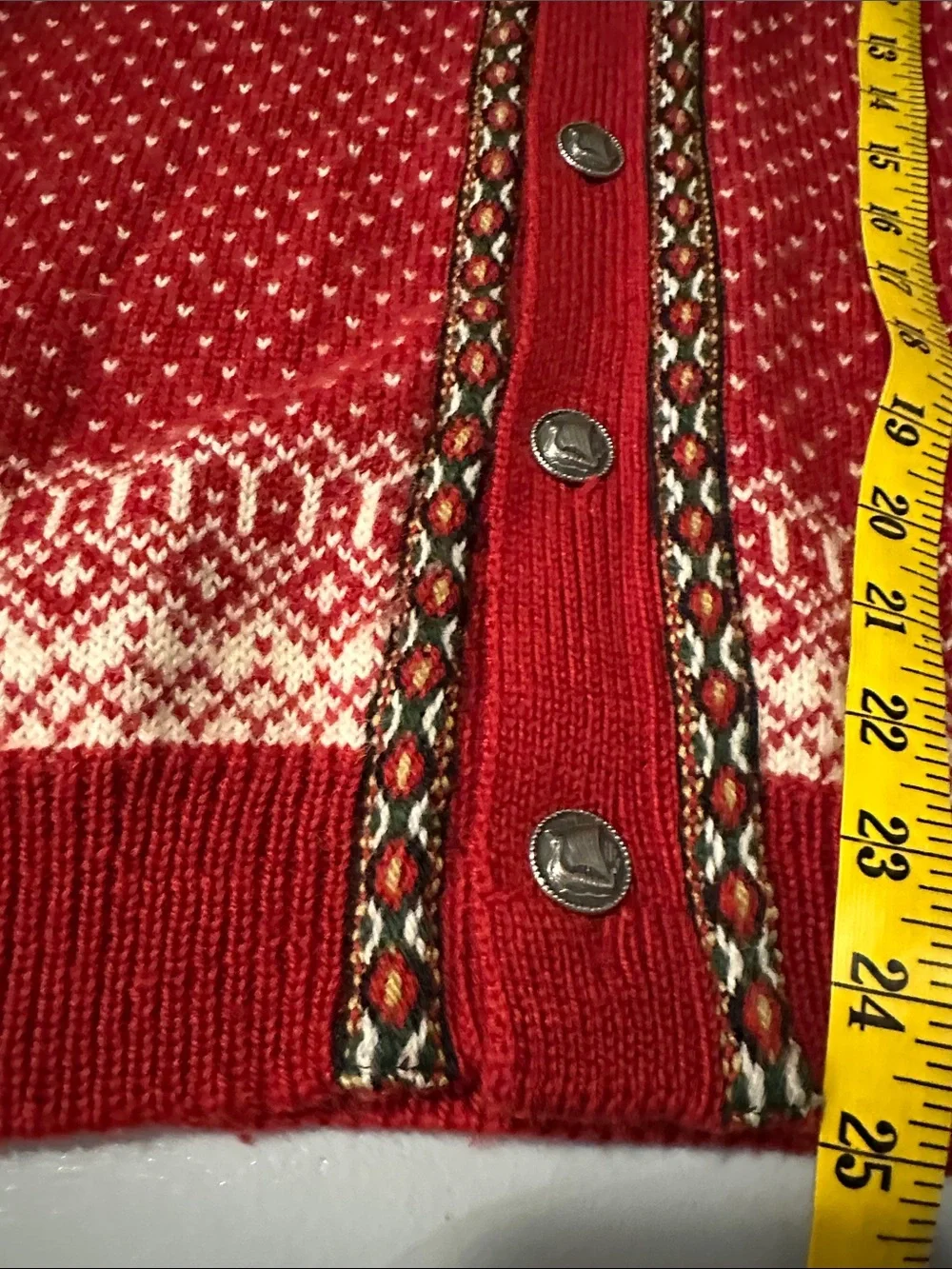 Sandviken Nordic Fair Isle Wool Cardigan Small Red Viking Motif Button